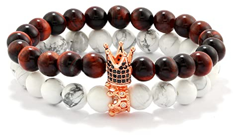 POSHFEEL 8mm Natural Stone CZ Micro Pave Crown King Queen Beads His and Hers Couple Bracelet, 7.5 (Red&White)