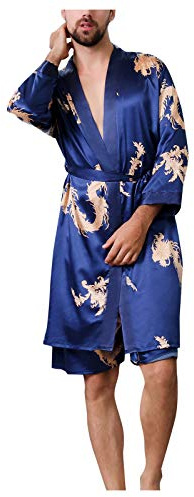 YJLX Peignoir de chambre pour homme léger en soie - Peignoir court en satin - Kimono - Robe à manches longues - Pyjama - Chemise de nuit en satin - Manteau de maison - Cadeaux pour homme, bleu, XXXXL