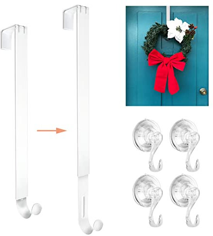 Kranzaufhänger, 38,1 - 61 cm, verstellbarer Metall-Kranz-Aufhänger für die Haustür, 9 kg, robuster Kranzhaken mit 4 transparenten Saugnäpfen, für Halloween, Weihnachtskranz, Dekoration (weiß)