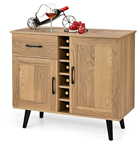GIANTEX Aparador de Cocina con Estante de Vino para 6 Botellas, Mueble de Comedor con 2 Puertas y 1 Cajón, Estantes Ajustables, Armario para Sala de Estar, Comedor, 90 x 40 x 79 cm, Natural