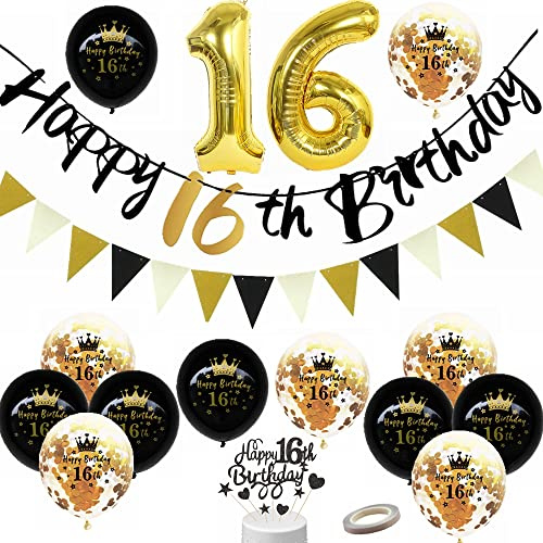 Yunchu Online Luftballon 16. Geburtstag Dekoration Junge Mädchen Schwarz Gold Party Deko Tortendeko Geburtstag Banner Wimpelkette