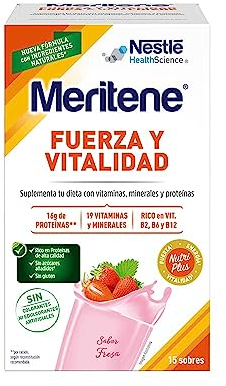 Meritene | Fuerza y Vitalidad | Batidos Sabor Fresa | Fuerza para tus Músculos, Vitalidad para ti | Solución Nutricional para Adultos con Proteínas, Vitaminas y Minerales| 15 Sobres | 450 gr