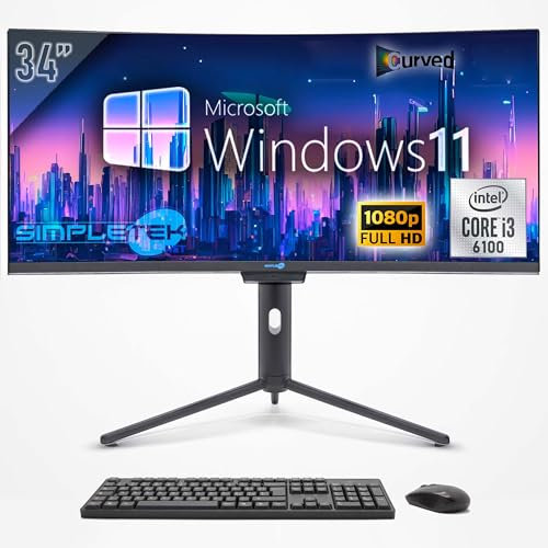 SIMPLETEK - PC All In One 34 Wide Curved Screen | Core i3 | Windows 11 Pro | 4GB RAM | 240GB SSD | Integrierte 2K Webcam | WiFi 6 und BT 5.2