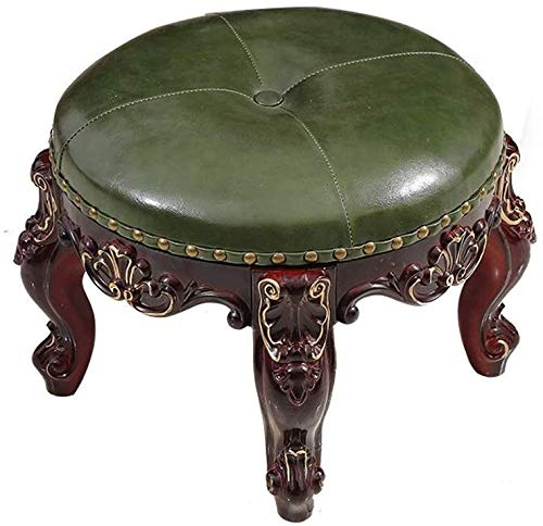 PU-Leder, antiker Retro-Kleiner Fußhocker, Ottomane, Fußstütze, europäischer Vintage-Wohnzimmer-Schlafzimmerhocker mit gepolstertem Sitz für Ankleidezimmer (Größe: rund, Farbe: Grün)