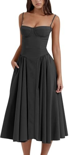 midelxp Korsettklänning för damer, elegant midi-klänning med spagettiremmar, bustier, lågt skuren, blommig, med veckad fåll, formell klänning med fickor, M