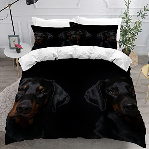 Doberman, set di biancheria da letto matrimoniale in morbida microfibra, 3 pezzi, con chiusura a cerniera, stampa con cane, copripiumino matrimoniale piccolo
