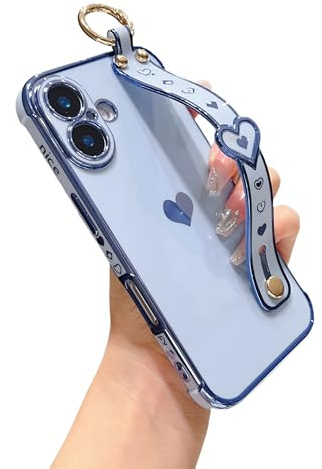 DEFBSC for iPhone 16 Case with Wrist Strap, Plating Heart, Blue | Cute Side Love Pattern Phone Case with Wristband Finger Holder Stand Soft TPU Bumper Shockproof Protective Cover