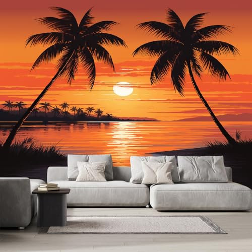 Générique Photo Murale Bord De Mer Coucher De Soleil 3D Papier Peint Panoramique Palmiers Nature Tapisserie Intissé Salon Poster Décoration Murale pour Chambre Bureau Adulte Enfant 150x100 cm