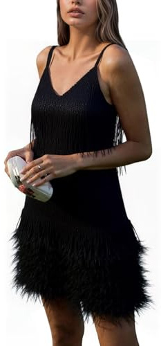 Wildarms Womens Tassel Feather Sequin Mini Dress Sexy V Neck Spaghetti Strap Short Fringe Dresses(Black,M)