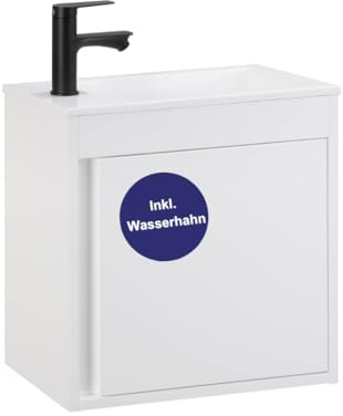Kometmöbel Waschbecken mit Unterschrank 50cm hängend Gäste-WC Waschtisch 50 cm (Hochglanz Weiß 50cm, Mit Wasserhahn Schwarz)