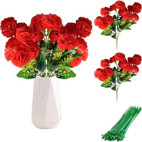 ZenyTra 24 Köpfe Künstliche Rote Nelken, 2 Büschel mit 36cm Stielen & 10 Bindfäden, Premium Seidenblumen UV-beständig für Grabschmuck, Hochzeitsbögen, Gestecke, Wohnzimmer, Garten Deko
