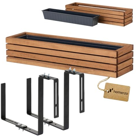 HOMERZO Holz Pflanzkasten Blumenkasten rechteckig – braun imprägniert, mit herausnehmbarem Kunststoff-Einsatz – Pflanzkübel für Balkon, Garten & Terrasse (Horizontal-braun, 86x23 H20 + Halter)