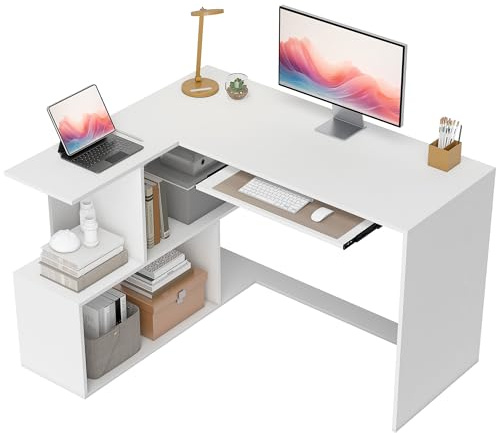 HOMCOM Bureau d'angle avec Plateau pour Clavier en L 120 x 100 cm Blanc