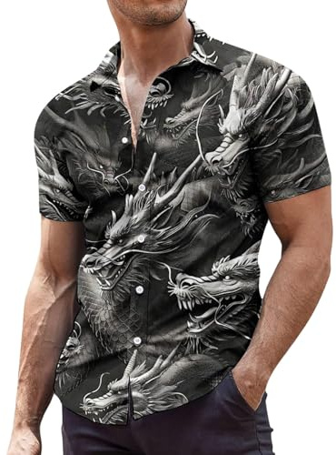 Generisch Albornoz Hombre Bathrobe Camisa de manga corta suelta de gran tamaño para hombre con estampado batik novedoso camisa batik, gris, M