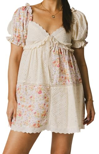 Women Floral Patchwork Babydoll Dresses Puff Sleeve V Neck A Line Cute Mini Dress Flowy Y2k Sundress for Teens (Yellow, M)