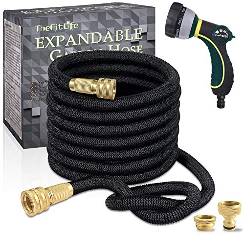 TheFitLife Expandable Garden Hose Pipe - Triple Core Latex and Solid Metal Fittings 8 Pattern Spray Nozzle EU Standard Expanding Kink Free Easy Storage Flexible Water Hose (75 FT, Black)