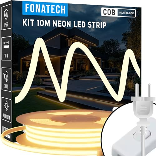 FonaTech© Tira LED COB 10m 220V Blanco Cálido, Exterior Impermeable IP65, Neón Flexible Cortable cada 50cm, Reutilizable con Conectores, Sin Transformador, Iluminación Decorativa Interior y Jardín