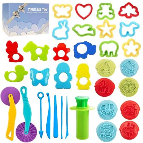 Jaeespon Pâte À Modeler pour Enfants, 40 Pièces Outils Kit de Pâte À Modeler Dinosauresle Rouleau à Pâtisserie Le Cutter L'extrudeuse, Les Ciseaux à Pâte de Jeu et Une Boîte Cadeau