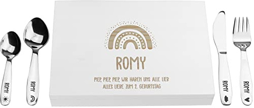 LAUBLUST Kinderbesteck mit Namensgravur - Regenbogen Gravur & Geschenkbox weiß | Besteck mit Namen - Geschenk zur Taufe für Kinder - Taufgeschenke für Jungen & Mädchen | Personalisierte Erinnerungsbox