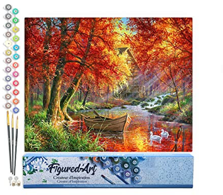 Figured'Art Pintar por Numeros Adultos Río de otoño y barco - Manualidades pintura acrilica Kit Cuadro DIY completo - 40x50cm sin bastidor