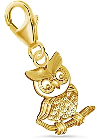 Goldene Hufeisen Vogel Eule auf Ast Karabiner Charm Anhänger für Bettelarmband aus 925 Sterling-Silber Vergoldet
