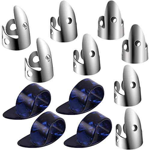 12-teiliges verstellbares Finger-Daumenplektren-Set enthält 8 silberfarbene Edelstahl-Fingerplektren und 4 Daumenplektren aus Kunststoff für Gitarre, Banjo, Harfe, Bass, Plektrum (blau)