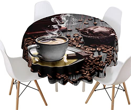 Highdi Rund Tischdecke Abwaschbar, 3D Kaffee Druck Wasserdicht Lotuseffekt Antifouling Rund Tischdecken Polyester Tischtuch für Küche Dekoration Garten (Durchmesser 140cm,Schokoladen Kaffee)