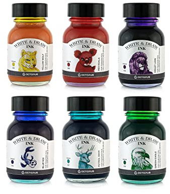 Octopus Write & Draw Ink RAINBOW Tintenset, wasserfest, 6 x 50 ml | Sechs intensive Zeichentuschen für Füllhalter, Feder und Pinsel, lichtecht, vegan, mischbar und übermalbar