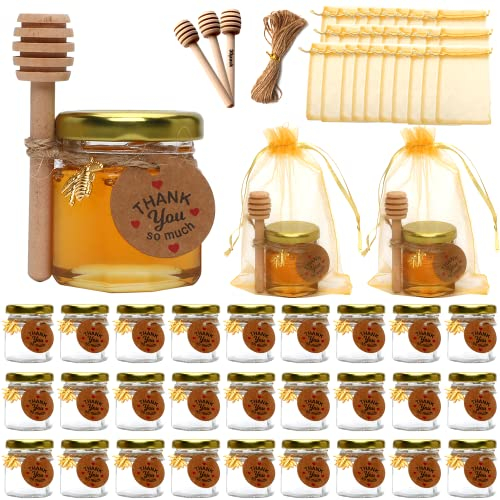 TUKIMA XING-RUIYANG 30 Pack 1.5 oz Mini Glass Honey Jar, Small Hexagonal Honey Jars with Wooden Dipper Gold Lid Bee Charms Gold Gift Bags and Rope for Baby Shower Wedding Party Favors