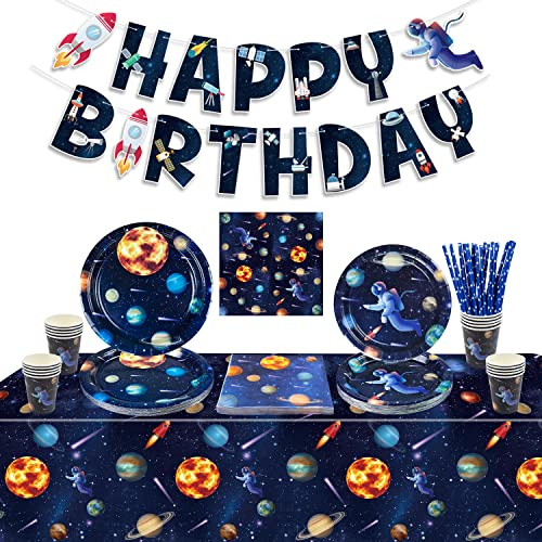 Decorazioni per Feste Spaziali Esterne: Striscioni di Buon Compleanno, Piatti di Carta Spaziali, Tovaglie e Tovaglioli per Feste di Bambini, per 20