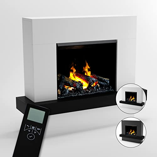 GLOW FIRE Wasserdampf Kamin Hera (Standkamin) - Elektrokamin mit Heizung und Kaminfeuer - Kaminkonsole aus Holz mit patentiertem Opti-myst-LED Kamineinsatz, 126x110x32 cm - Weiß