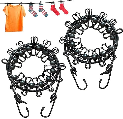 katmerio 2 Stück Tragbare Wäscheleine, Elastische Wäscheleine Verstellbare, Camping Waschleine mit 12 Draht-Clips für Reise Urlaub Outdoor Camping Wohnheim (Schwarz)