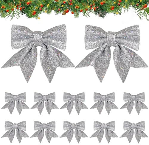COLOFALLA 12 Stück 12x15cm Schleifen - Weihnachtsschleifen Glitzer - Silbern - EPE Material - Weihnachtsschmuck für Tannenbaum und Kranz
