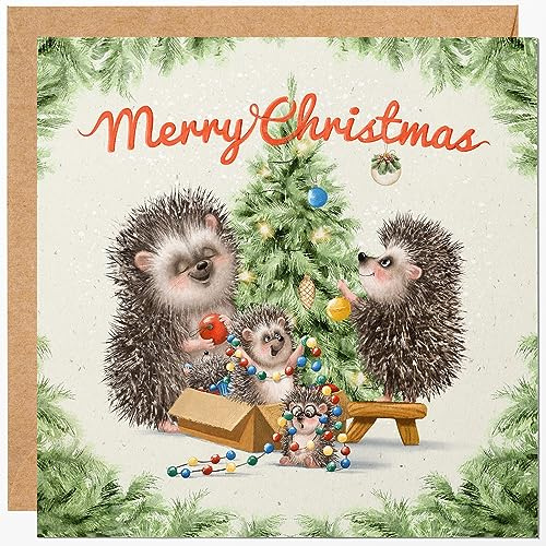 Funny Christmas Card for Family Members and Friends - Cute Xmas Card with Hedgehogs and Christmas Tree. Special Cards for Grandma, Grandad, Mum and Dad