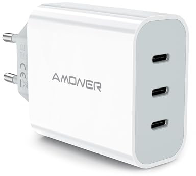 Amoner Chargeur Rapide USB C 35W 3-Port Prise Secteur pour iPhone 17 16 15 14 13 12 11 Pro Max SE XS XR X 8 7 6 6S Plus, iPad Mini, Rapide Mural Secteur Alimentation Adaptateur