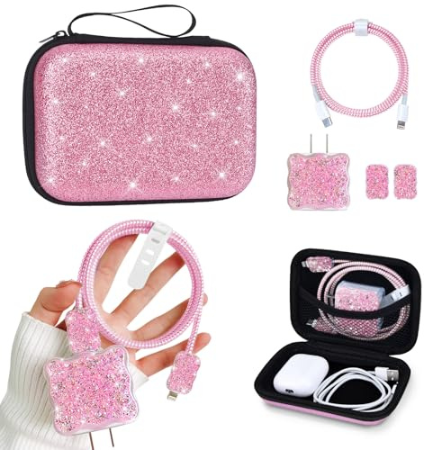 Bonito Bolsa Electrónico Organizador con Protector de Cable Cargador Kits para iPhone, Bolso Impermeable para Organizar USB Cables con Diseño de Brillantes, Viajar Accesorios Organizadora Estuche-Rosa