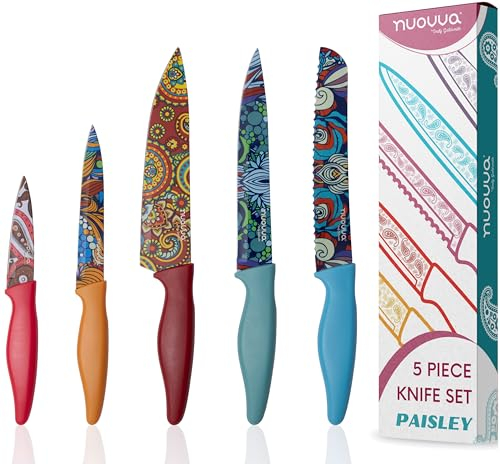 nuovva Professional Kitchen Knife Set – 5pcs Paisley Pattern Kitchen Knives – Stainless Steel Granite Non Stick Blades – Chefs, Filleting, Bread, Paring and Utility Knives