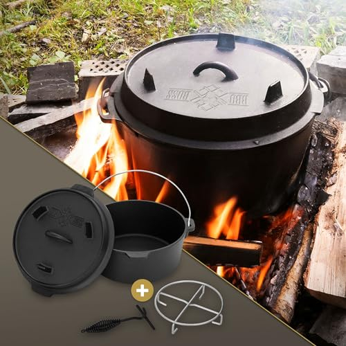 BBQ#BOSS Set Four Néerlandais, 4,2 Litres, Casserole en Fonte avec Couvercle Lève-Couvercle Dessous de Plat, Cocotte Marmite Four Hollandais, Poêle Barbecue et Camping, Gril Extérieur/Intérieur