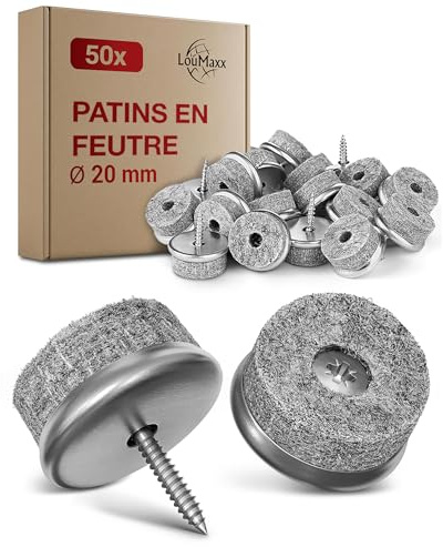 LouMaxx stol filtglidare, runda skruvar, Ø 20 mm, grå – set med 50 stycken stoltassar med 6 mm tjock filt och metallinfattning – filtglider för stolar och skruvar – premium stolsbenskydd, filt även