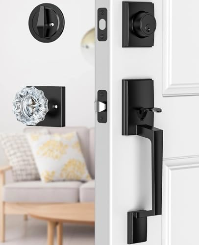 Calzibeno Black Front Door Handle and Deadbolt Set, Front Door Lock Set with Crystal Glass Door Knob, Exterior Door Lock Set with Single Cylinder, Reversible for Right & Left, Matte Black