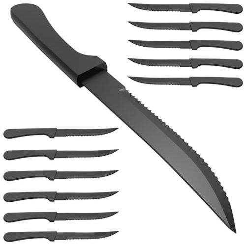 Coltelli da Bistecca Nero 12 Pezzi - Lame in Acciaio Inox ad Alta Resistenza da 22 cm, Design Ergonomico e Prestazioni di Taglio Superiori