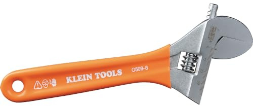 Klein Tools O5098 Adjustable Wrench, Extra-Wide Jaw, Forged Heat-Treated Alloy Steel, SAE and Metric Scales, Plastic-Dipped Handle, 8-Inch
