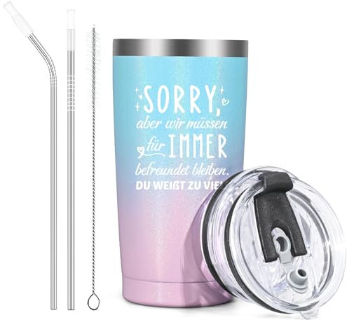 Livole Beste Freundin Besonderes Geschenk, Freundinnen Geschenkideen, Geschenk Beste Freundin Weihnachten, Geschenke für Frauen, 600ml Edelstahl Kaffeebecher, Thermobecher mit Strohhalm, Rosa Blau