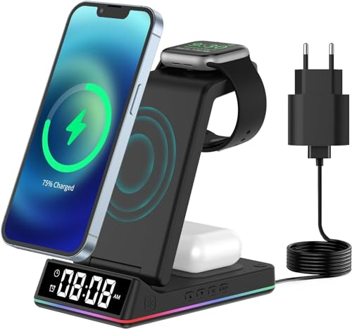 ETELIAR 3 en 1 Chargeur sans Fil avec Veilleuse d'Horloge - Station de Charge à Induction Rapide pour iPhone 16 15 14 13 12 11 X 8 et Apple Watch Ultra 10 9 8 7 6 SE 5 4 et AirPods 2 3 4 Pro/Pro 2