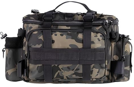 Lunaanda Schwarze Tarnung Angeln Köder Aufbewahrungstasche - Wasserdicht, Große Kapazität, Multifunktionale Schulter- und Umhängetasche für Angelruten und Zubehör, 40x28x20cm