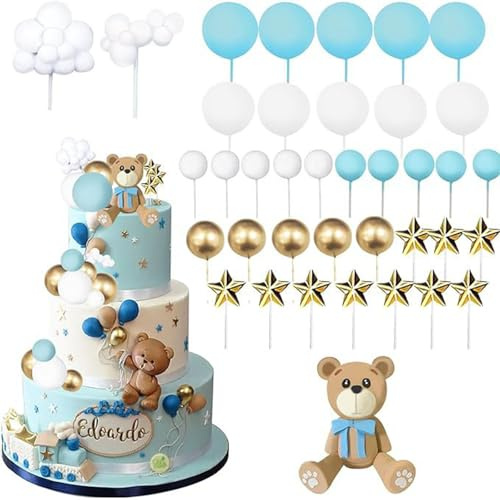 Decoracion de Pastel de Osito de Peluche WISIRENT, 38 Piezas Azul Teddy Bear Cake Decoración, Oso de Peluche Cake Topper con Bolas, Estrellas, Nube, Bear Cake Topper para Bodas, Fiestas, Cumpleaño