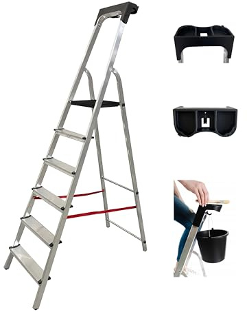 MYPRO ® PREMIUM LINE Aluminium Step Ladder, Lightweight,Portable, Heavy Duty Platform Steps, 3 4 5 6 7 8 Step, EN131 Certified, 150KG Capacity, Ideal for Trade & DIY (6-Step & Tool Tray)