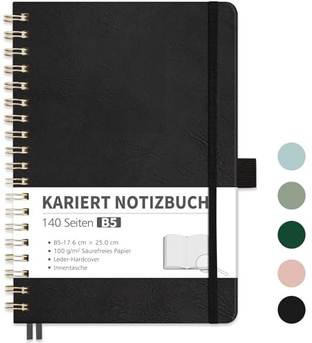 RETTACY Notizbuch B5 kariert, Bullet Journal mit 100 g/m² Dickem Papier, 70 Blatt, Collegeblock für Büro und Schule, Lederhülle, Schwarz, 17.6 cm x 25 cm