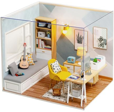 OSDUE DIY Miniature Dolls House with Furniture | Mini Kitchen Study 3D Jigsaw Puzzle Model, Wood Building Kit with LED Lights Craft Kit for Adults Book Shelf Decoration Gift
