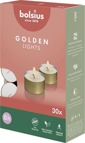 Candele tealight Bolsius con contenitore dorato – Confezione da 30 – 8 ore di combustione – Candele decorative per la casa – Senza profumo – Con cera vegetale vegana – Senza olio di palma